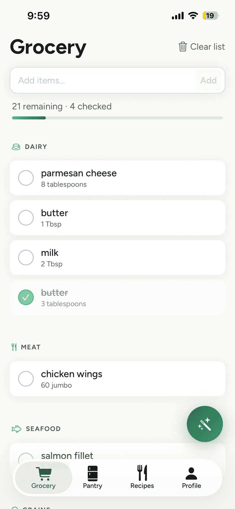 Calfo grocery list grouped by aisle