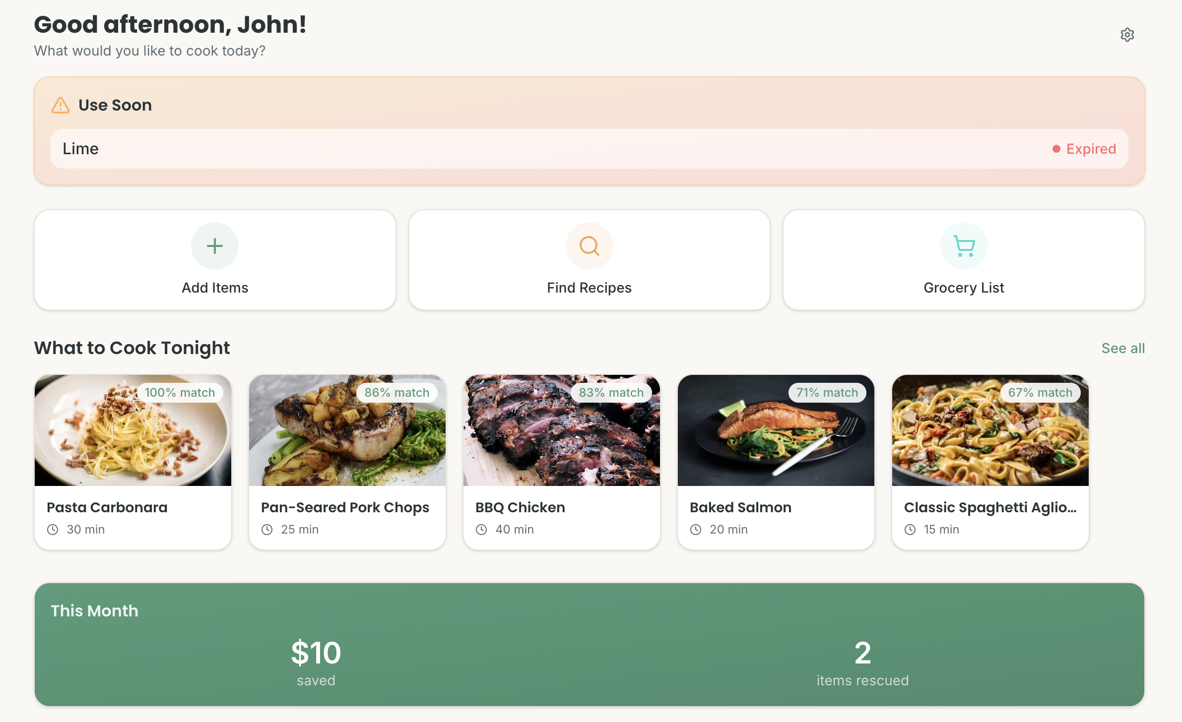 Calfo web dashboard, greeting, items to use soon, recipe suggestions, and monthly savings