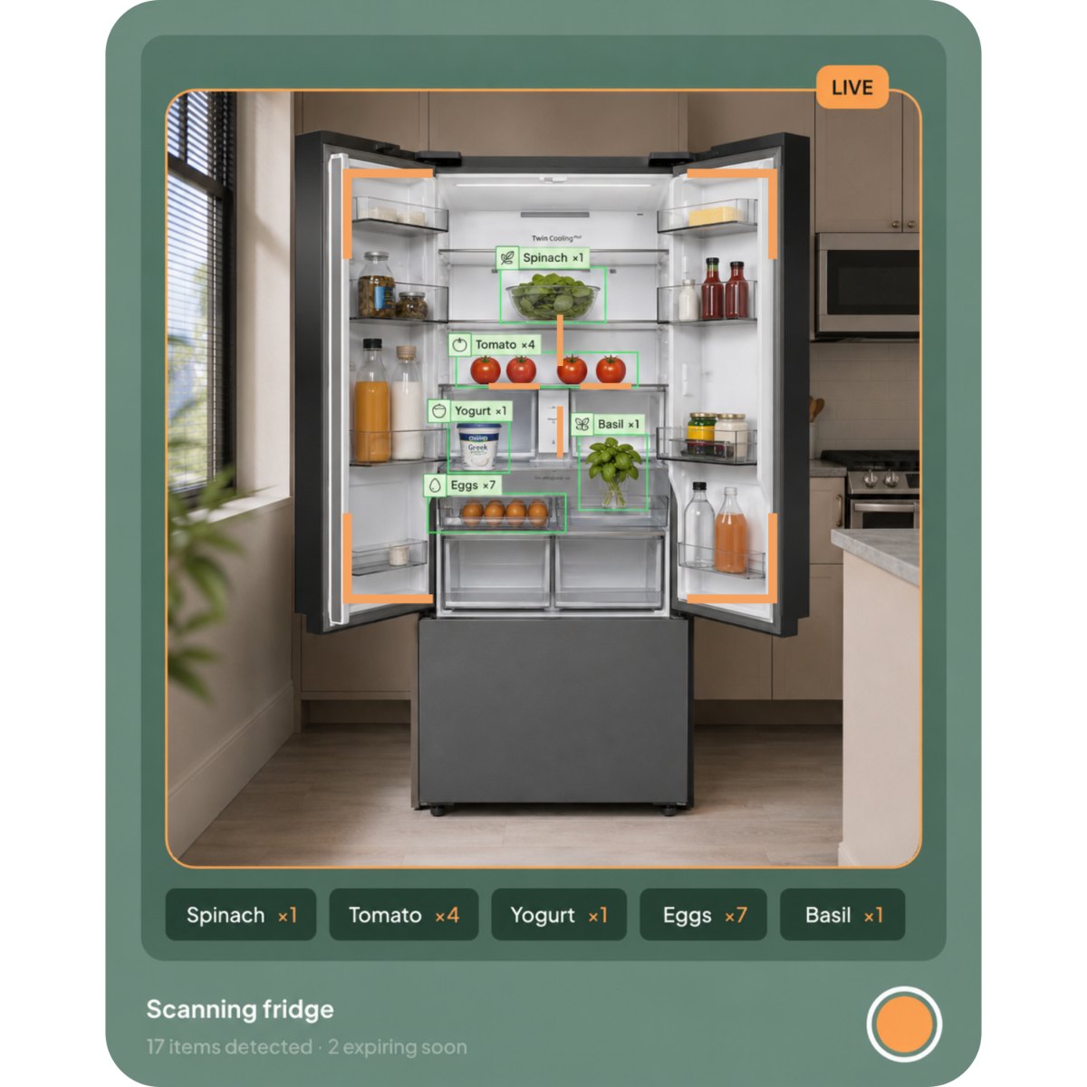 Calfo camera scanning a fridge, automatically detecting spinach, tomatoes, yogurt, eggs, and basil