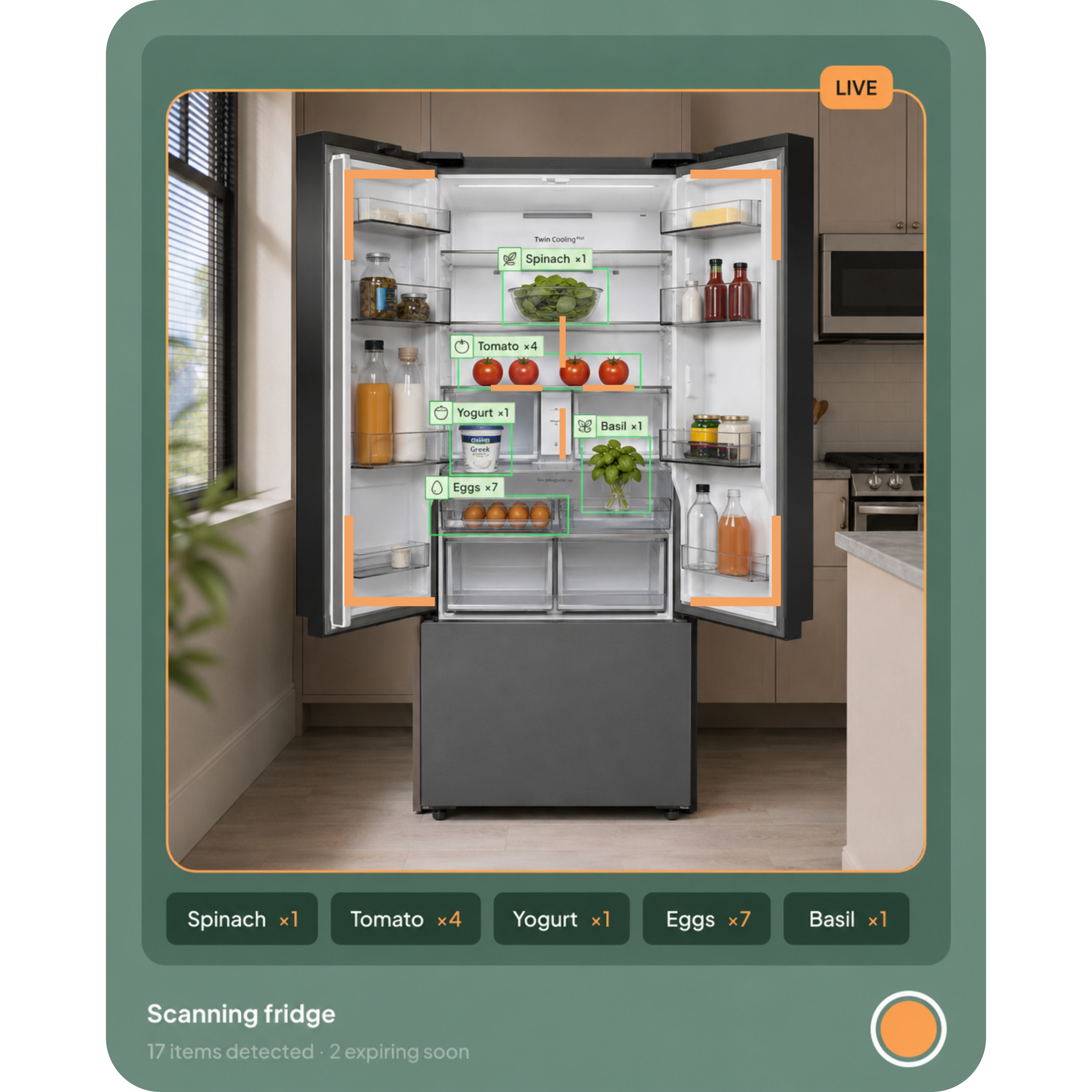 Calfo camera scanning a fridge, automatically detecting spinach, tomatoes, yogurt, eggs, and basil