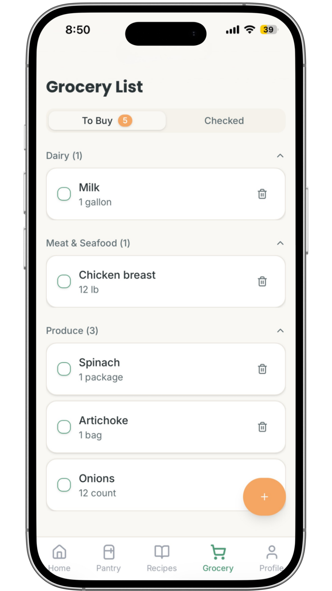 Calfo mobile app, smart grocery list grouped by aisle: dairy, meat & seafood, and produce